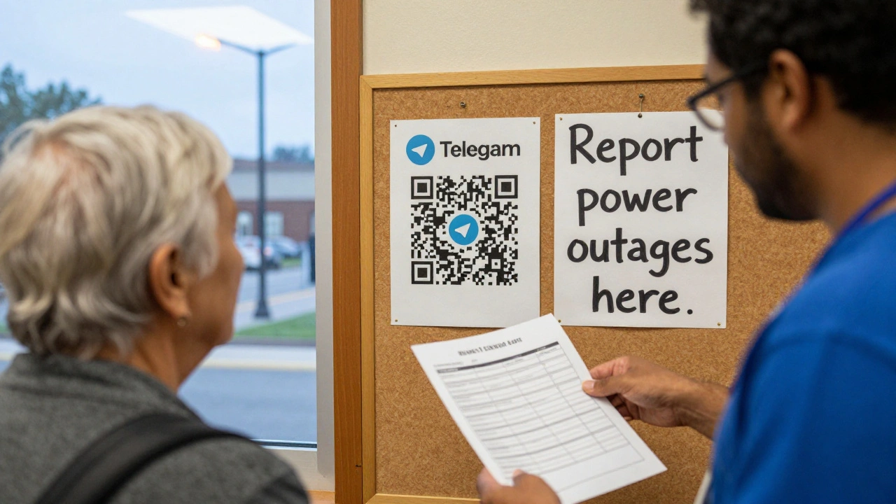 A volunteer at a library giving a checklist to a senior citizen, with a QR code linking to a local news channel.