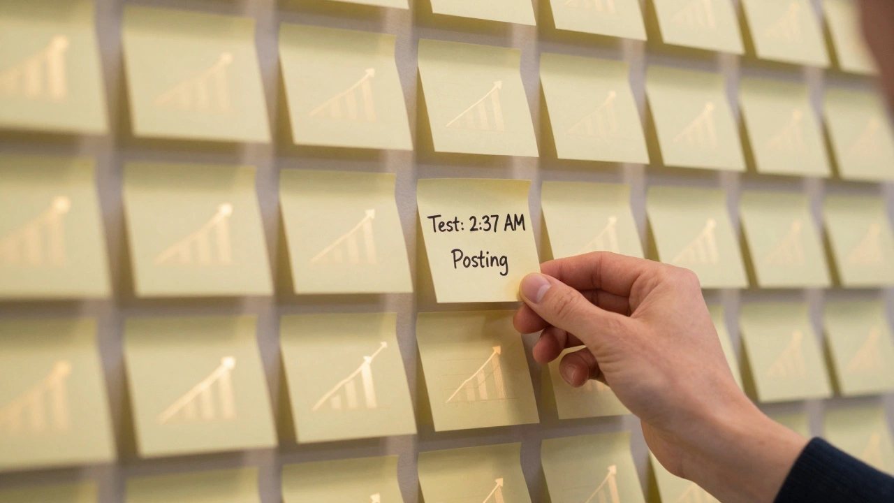 A wall covered in experiment sticky notes with faint glowing growth graphs behind them, symbolizing data-driven audience growth over time.