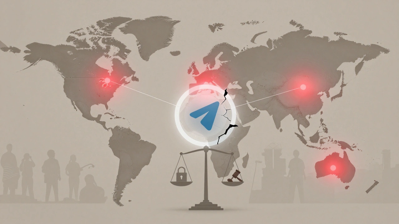 A world map with glowing data request lines connecting countries to a cracked Telegram logo revealing a privacy-safety balance scale.
