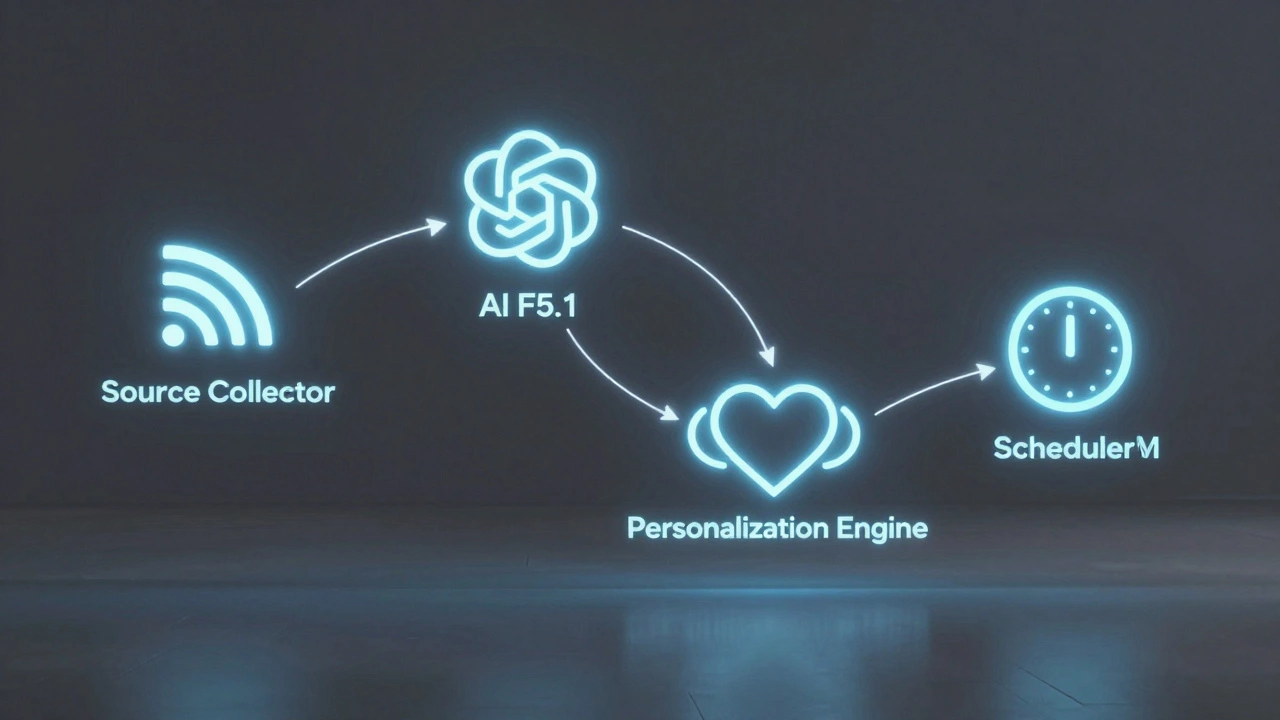 Abstract diagram showing the four components of an AI-powered Telegram news bot in action.