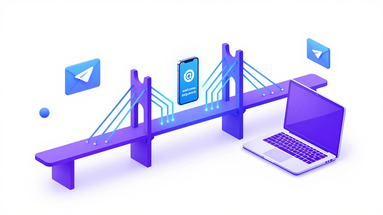 Abstract geometric shapes connecting Telegram and email systems with glowing circuit lines.