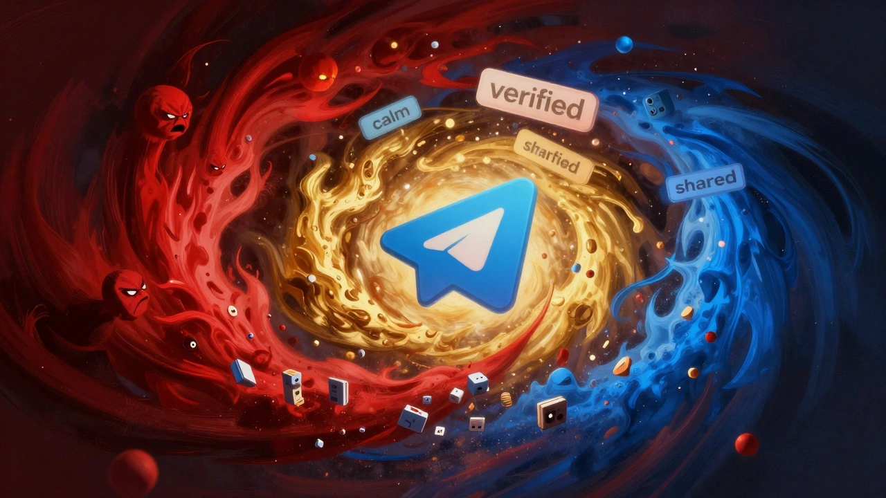 An abstract swirl of colored particles representing emotions like trust and anger around a central news icon, with floating words like 'verified' and 'shared'.