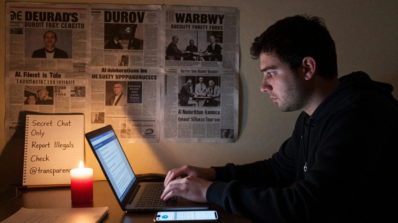 An activist typing on a laptop with Telegram open, surrounded by news clippings about platform changes and safety notes.