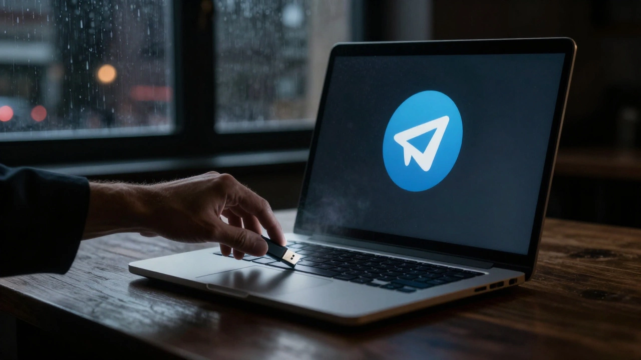 An anonymous hand inserting a USB drive into a laptop displaying a journalism Telegram channel logo.