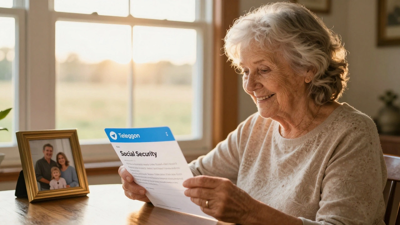An elderly woman reading a reassuring answer from her news bot about Social Security.