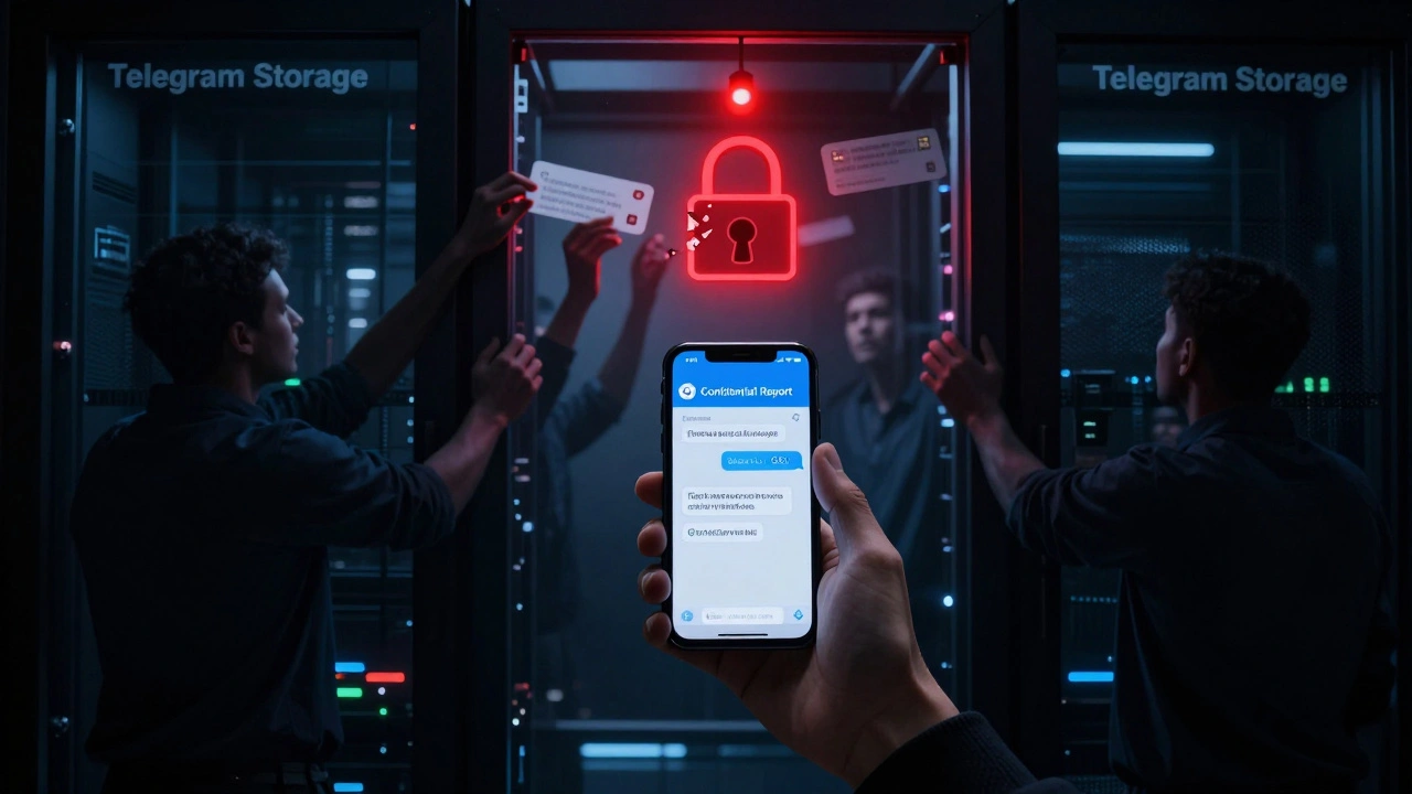 An employee receiving a Telegram report while shadowy hands access and delete messages through server racks, symbolizing lack of privacy.