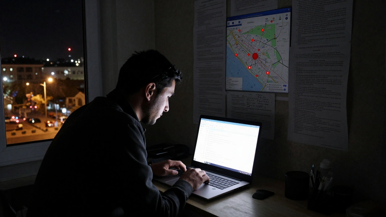 An investigative journalist analyzes Telegram channel data on a laptop, surrounded by printed screenshots and notes.