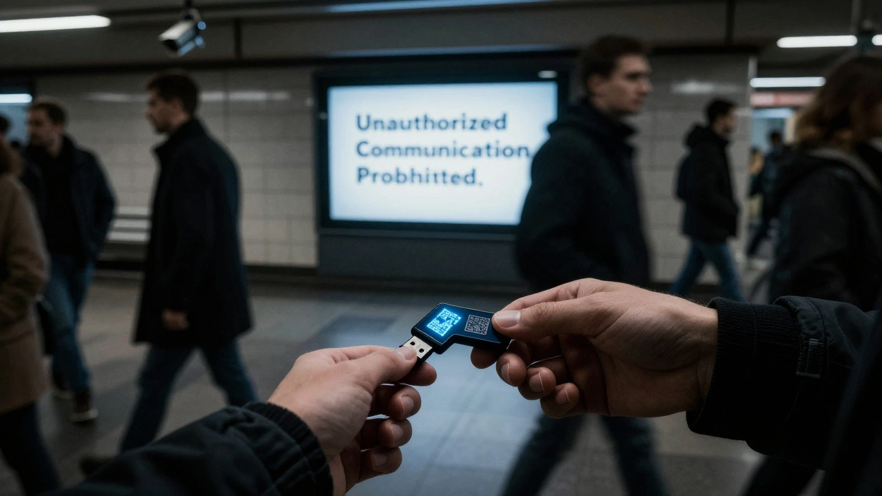 Anonymous hands passing a USB drive with QR codes through a crowded subway, under surveillance cameras.
