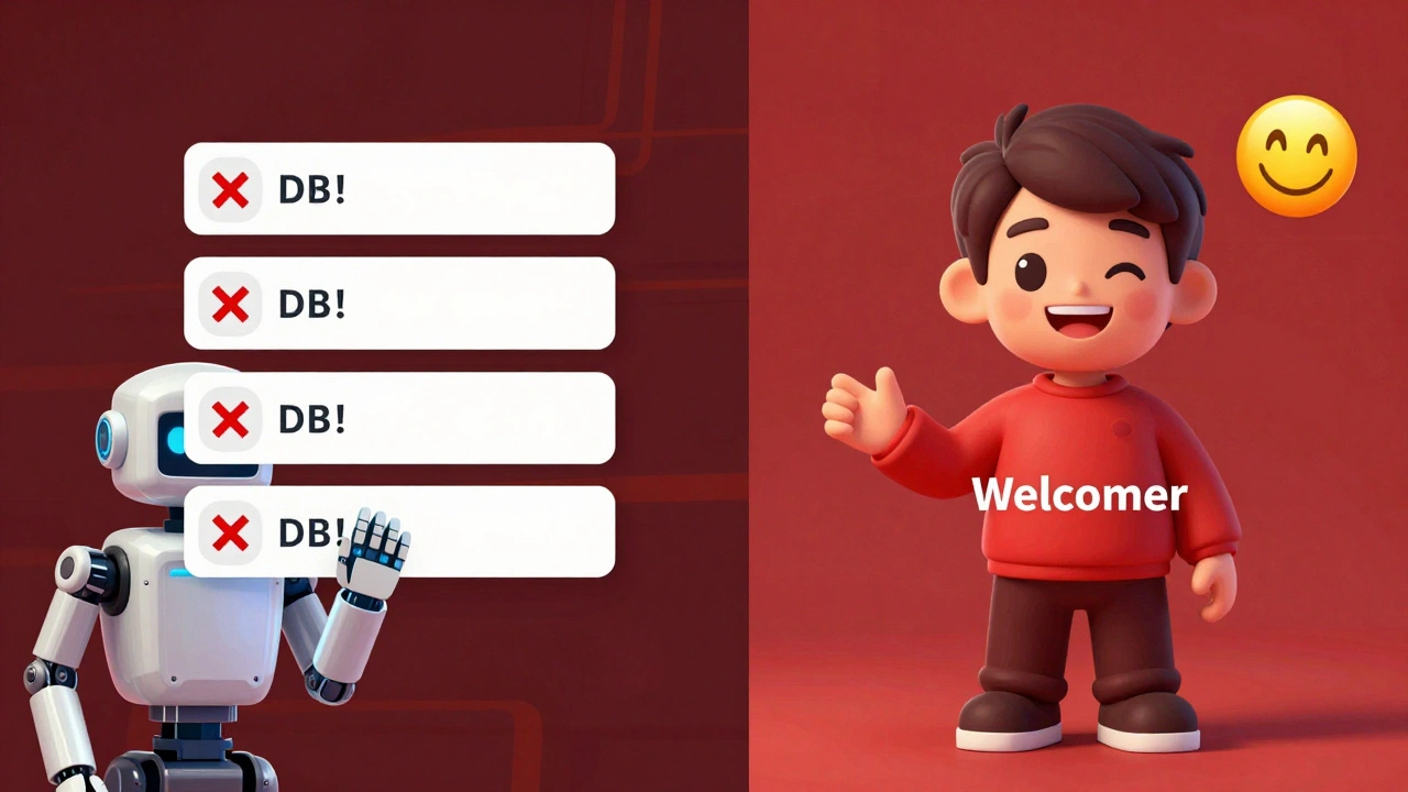 Bot blocking spam messages on one side while a welcomer sends friendly message to new member on the other.