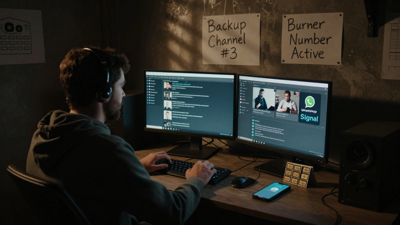 Clandestine news team managing multiple live Telegram streams on monitors, preparing automated clips for cross-platform sharing.