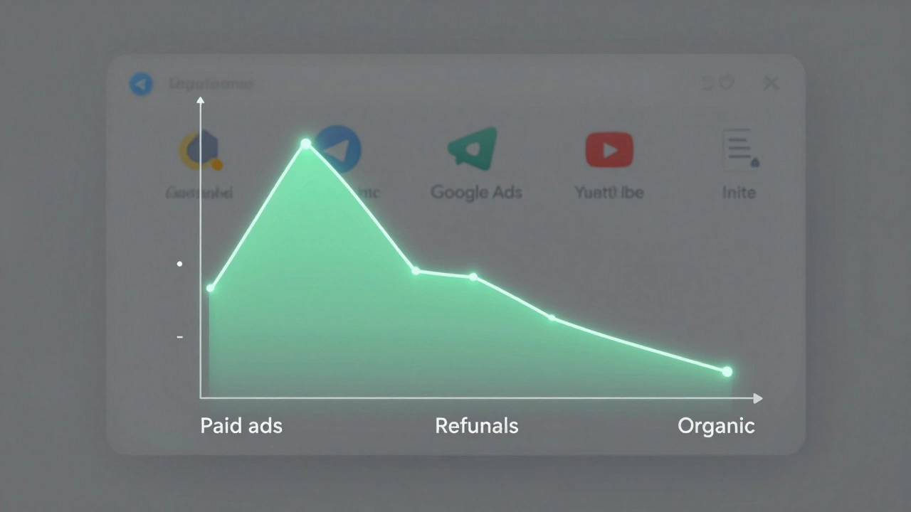 Color-coded retention curves floating above a faint Telegram interface, highlighting churn and loyalty trends.