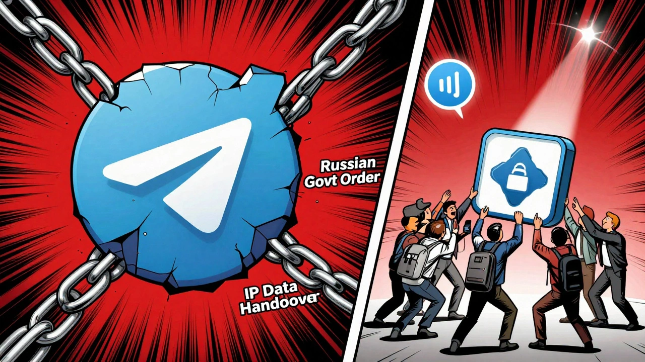 Comic-style scene of Telegram logo collapsing under government pressure as reporters upload archives to a decentralized network.