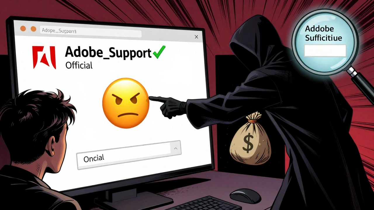 Comic-style scene of user about to click scam link, with hidden verification details revealed by magnifying glass.