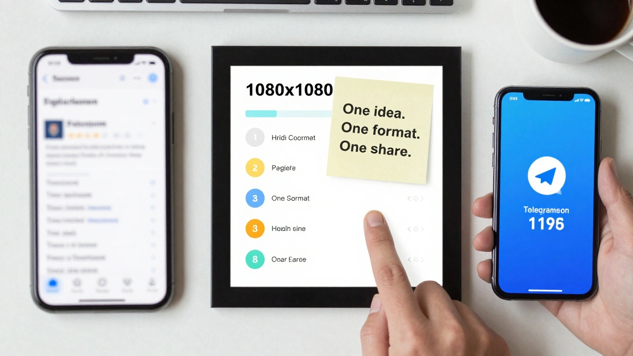 Comparison of blurry screenshot vs clean infographic on Telegram, with analytics displayed on phone.