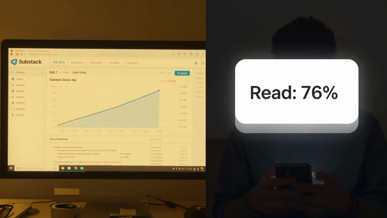 Comparison of cluttered Substack dashboard versus simple Telegram message read rate on phone screen.