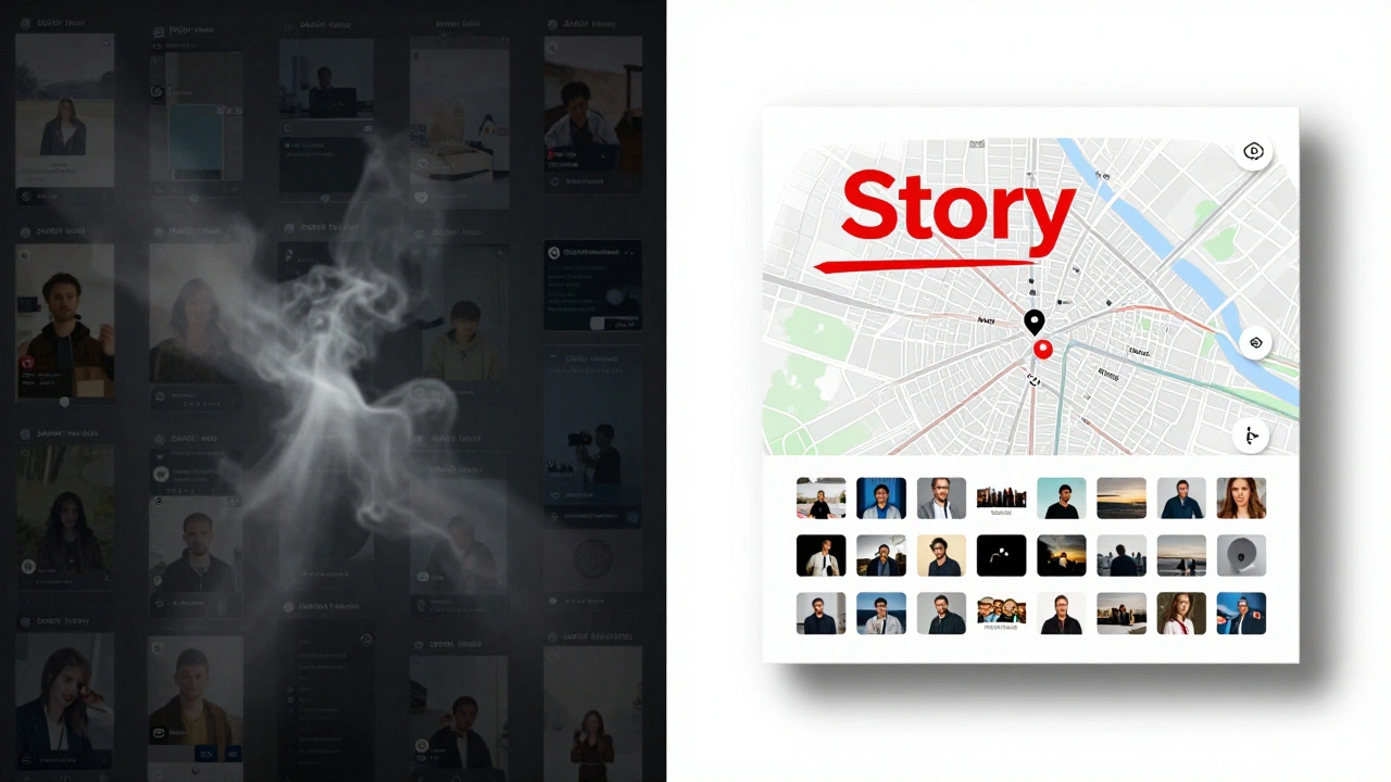 Comparison of fading temporary stories versus permanent organized Story Album with reorderable media.