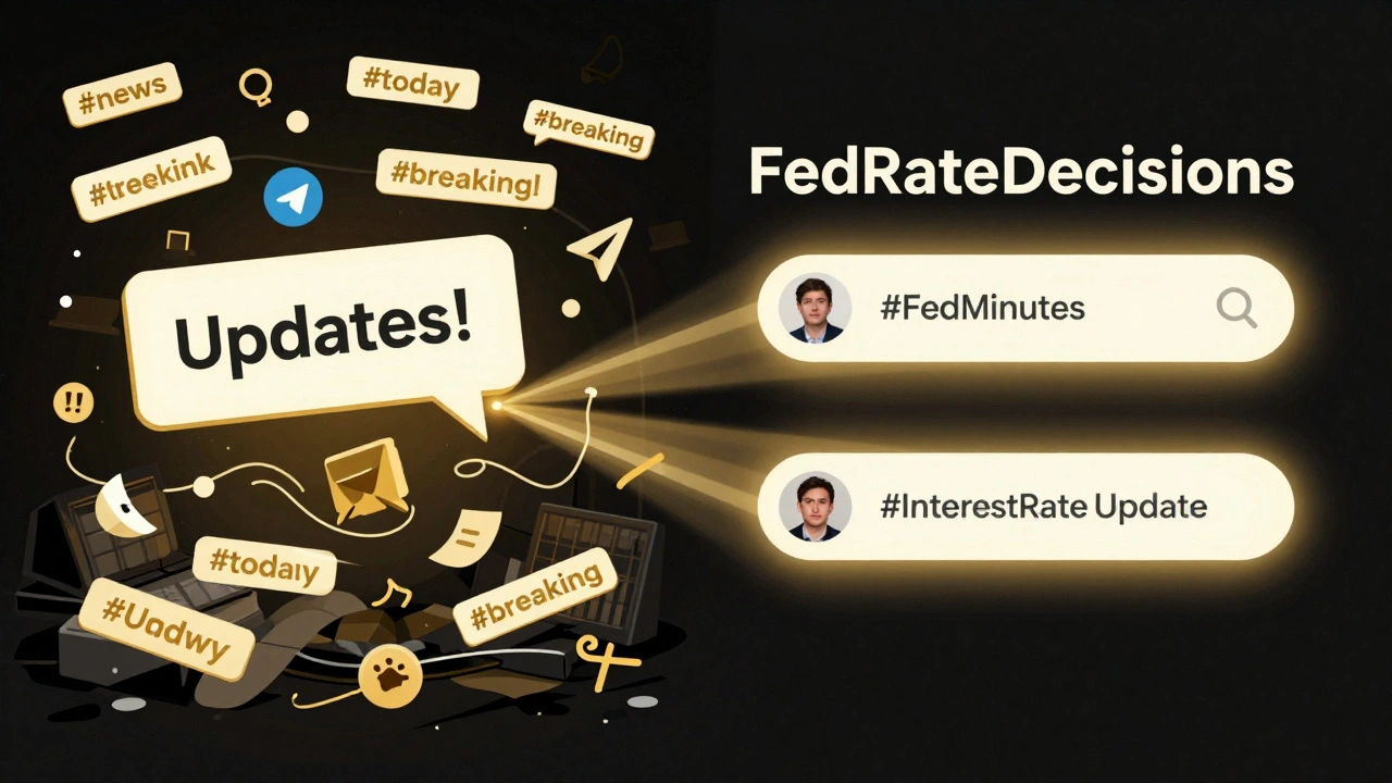 Contrasting cluttered vs. optimized Telegram channel names and hashtags with visual search rays.