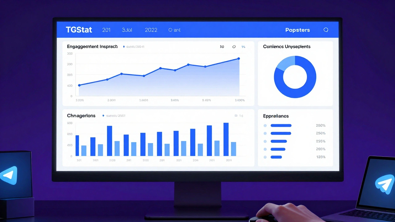 Digital analytics dashboard with engagement graphs and audience data, illuminated by a monitor glow.