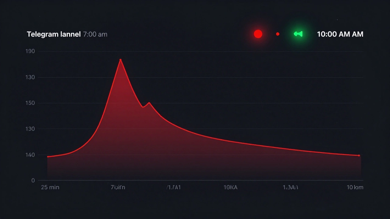 Digital dashboard showing a sharp spike in Telegram clicks within 15 minutes of a morning post versus slow, flat engagement later.