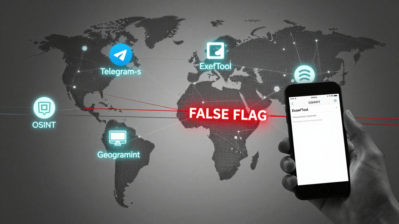 Digital globe made of interconnected tool icons, one thread broken with a red warning, symbolizing misinformation detection.