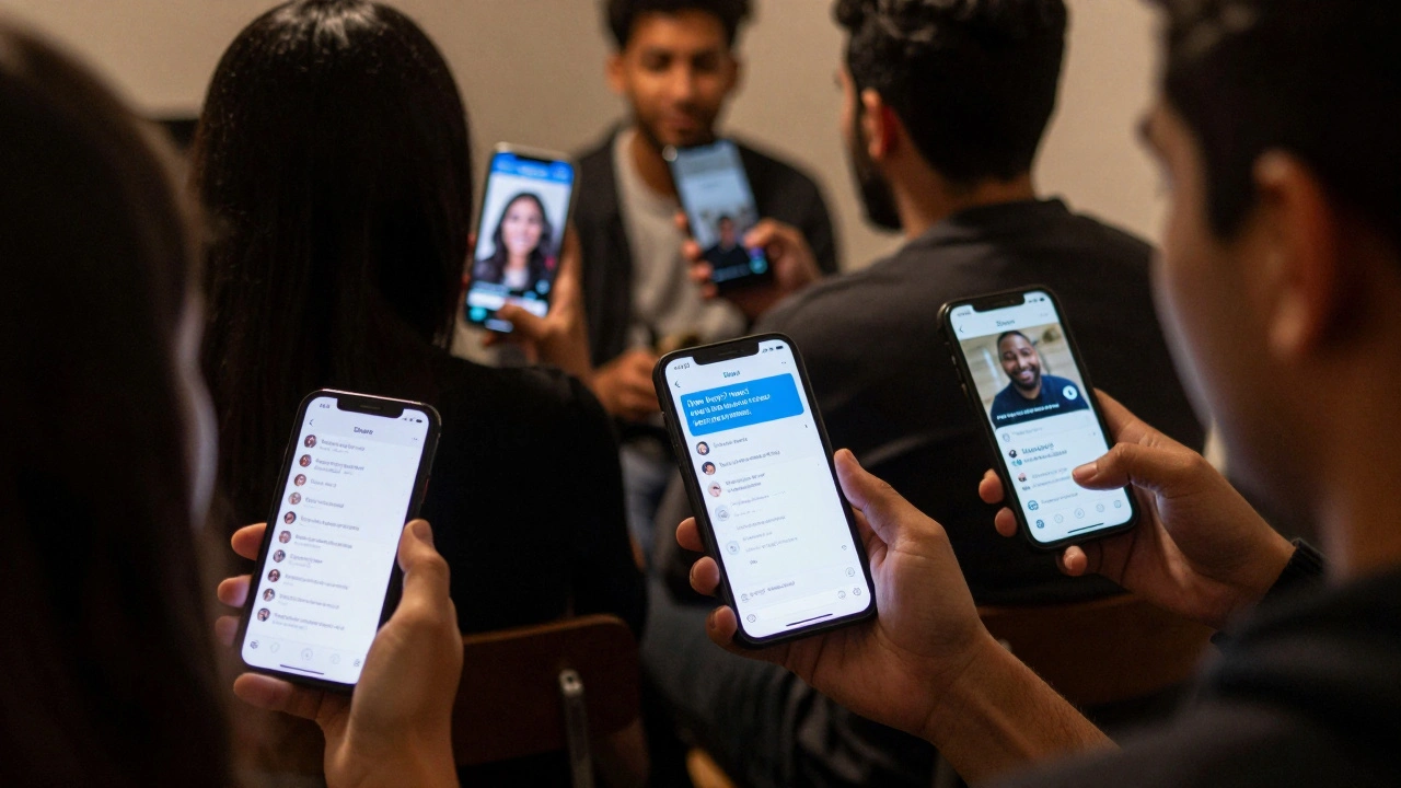 Diverse group of people viewing Telegram polls and comments on their phones, feeling connected.