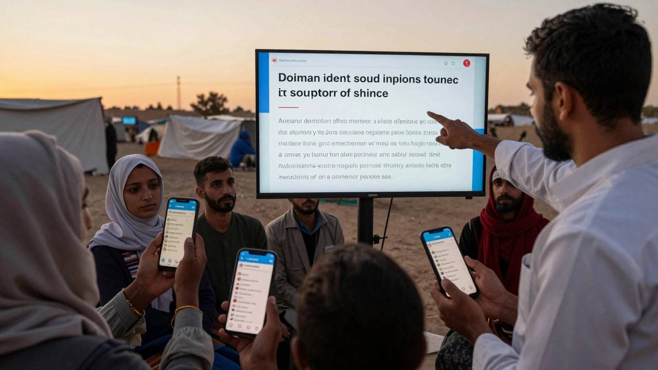Diverse people in a refugee camp reading translated news alerts on phones with original text visible.