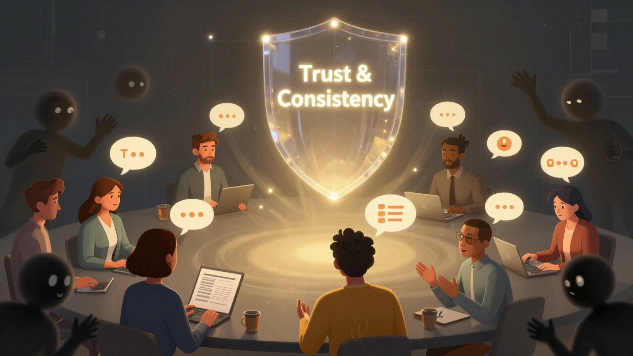 Engaged members interacting positively in a virtual space as a shield repels spam bots trying to enter.