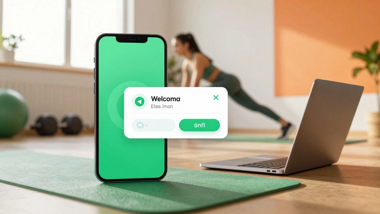 Fitness professional receiving Telegram notification and welcome email on laptop.