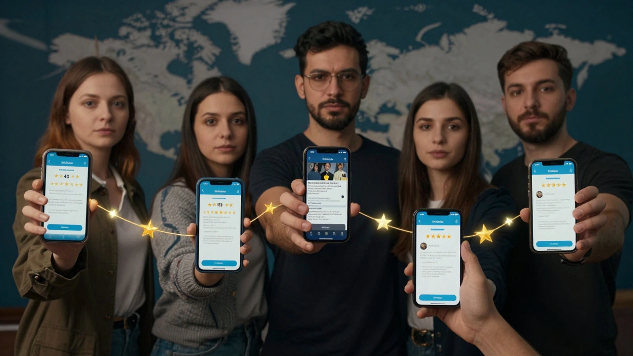 Five people in different countries holding phones displaying Telegram Star tipping interfaces.