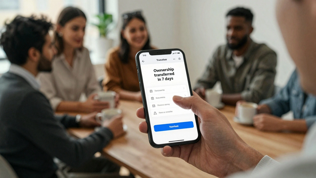Founder transferring group ownership to an admin on a mobile screen
