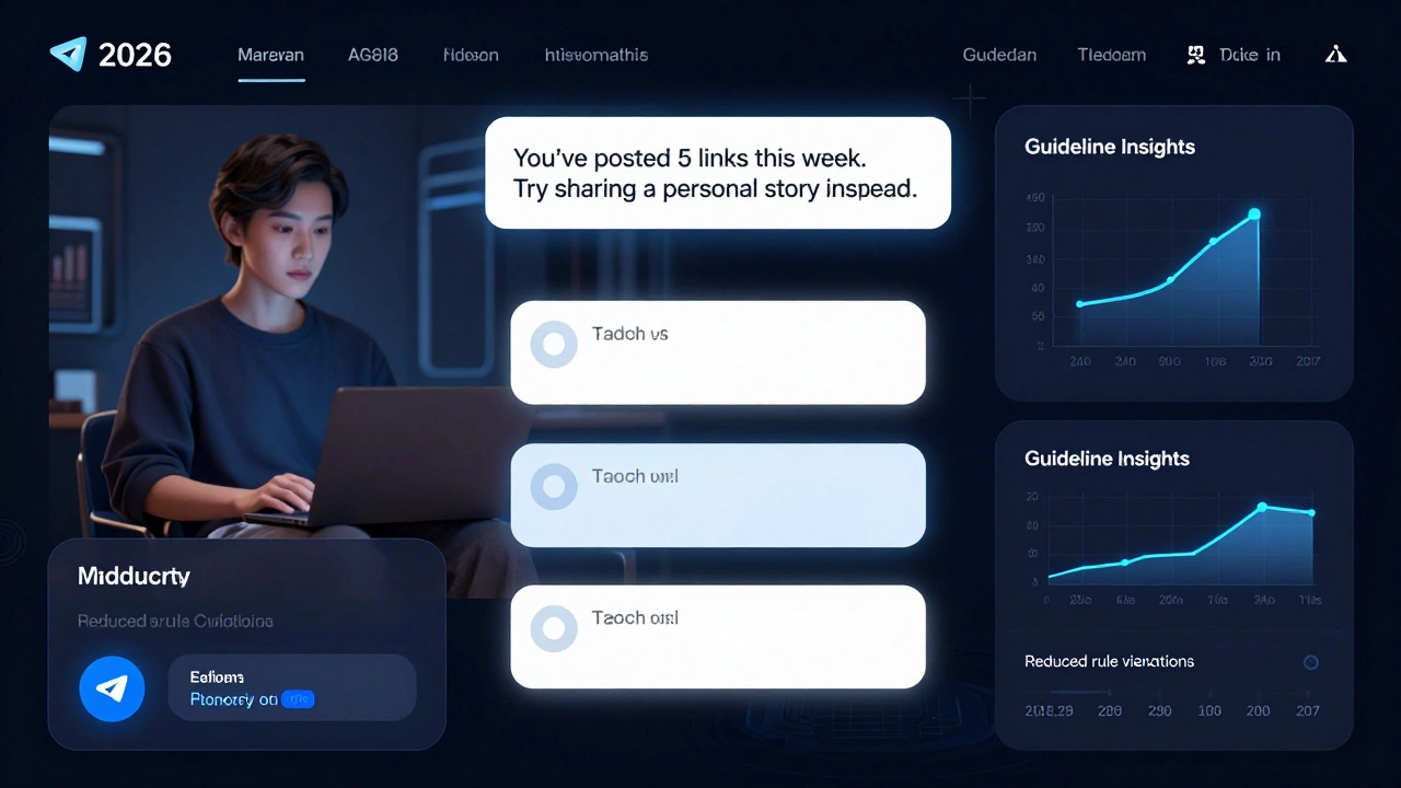 Futuristic Telegram interface with AI suggestion and human moderator reviewing a flagged message, glowing dashboard in background.