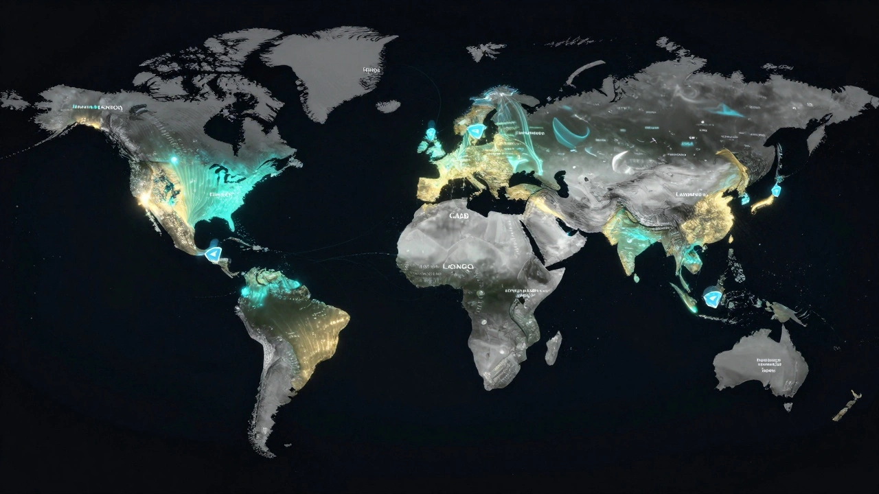 Global map with glowing data streams showing translated news spreading across continents via Telegram.