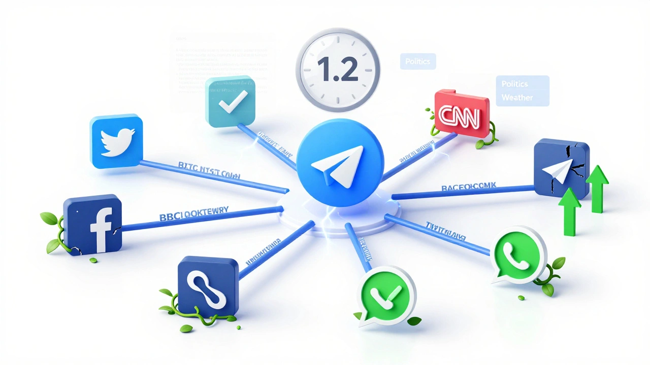 Global network of news streams flowing into Telegram with AI summaries and folder tags, outpacing competing platforms.