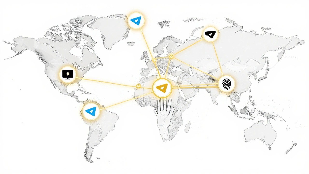 Global network of Telegram communities connected by accessible pathways featuring accessibility symbols.