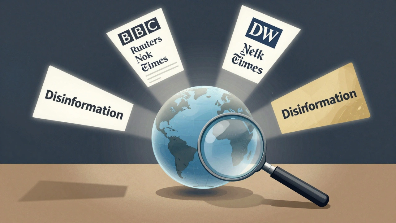 Globe with diverse news headlines from trusted outlets, crushing identical disinformation text under a magnifying glass.