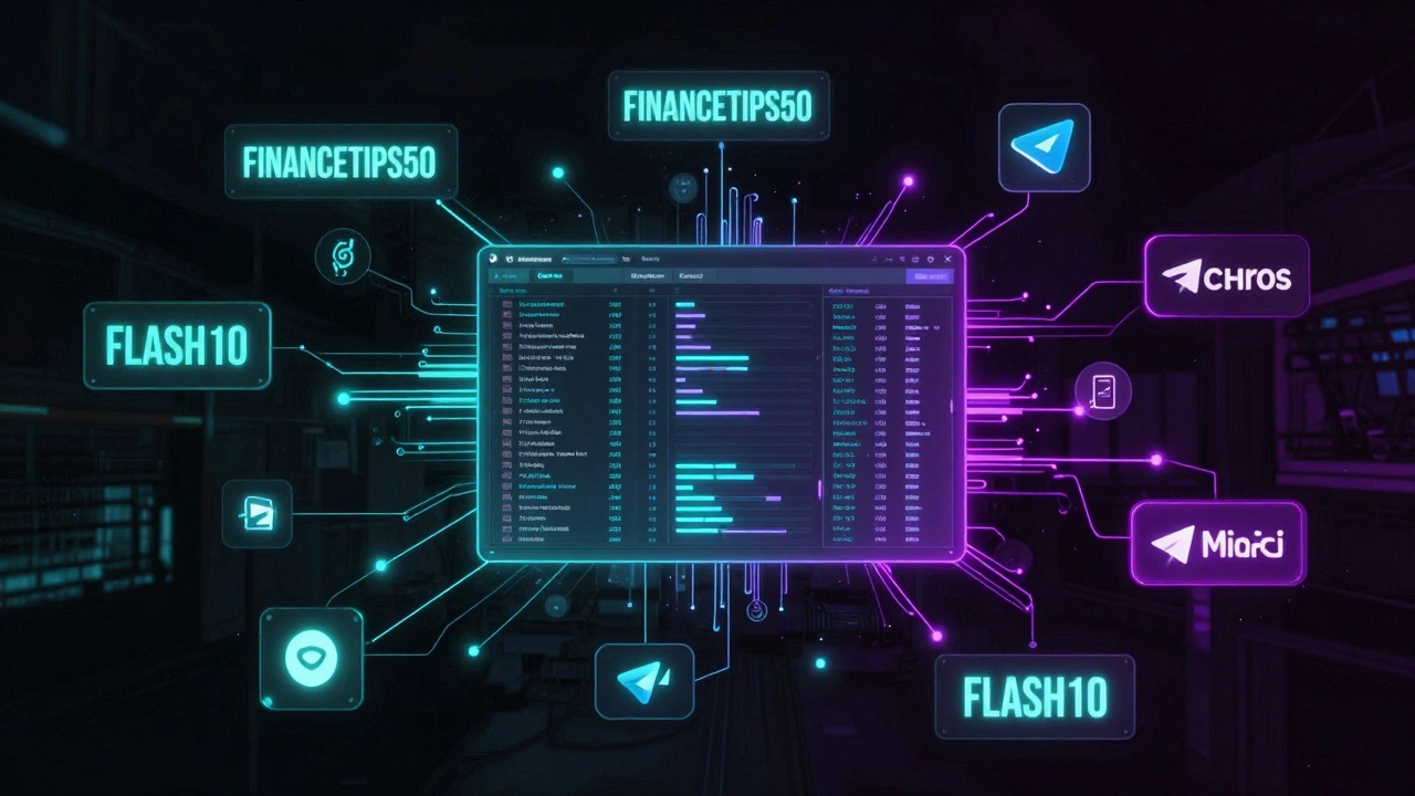 Glowing promo codes flowing through a digital network of Telegram channels and bots with data streams to a tracker.