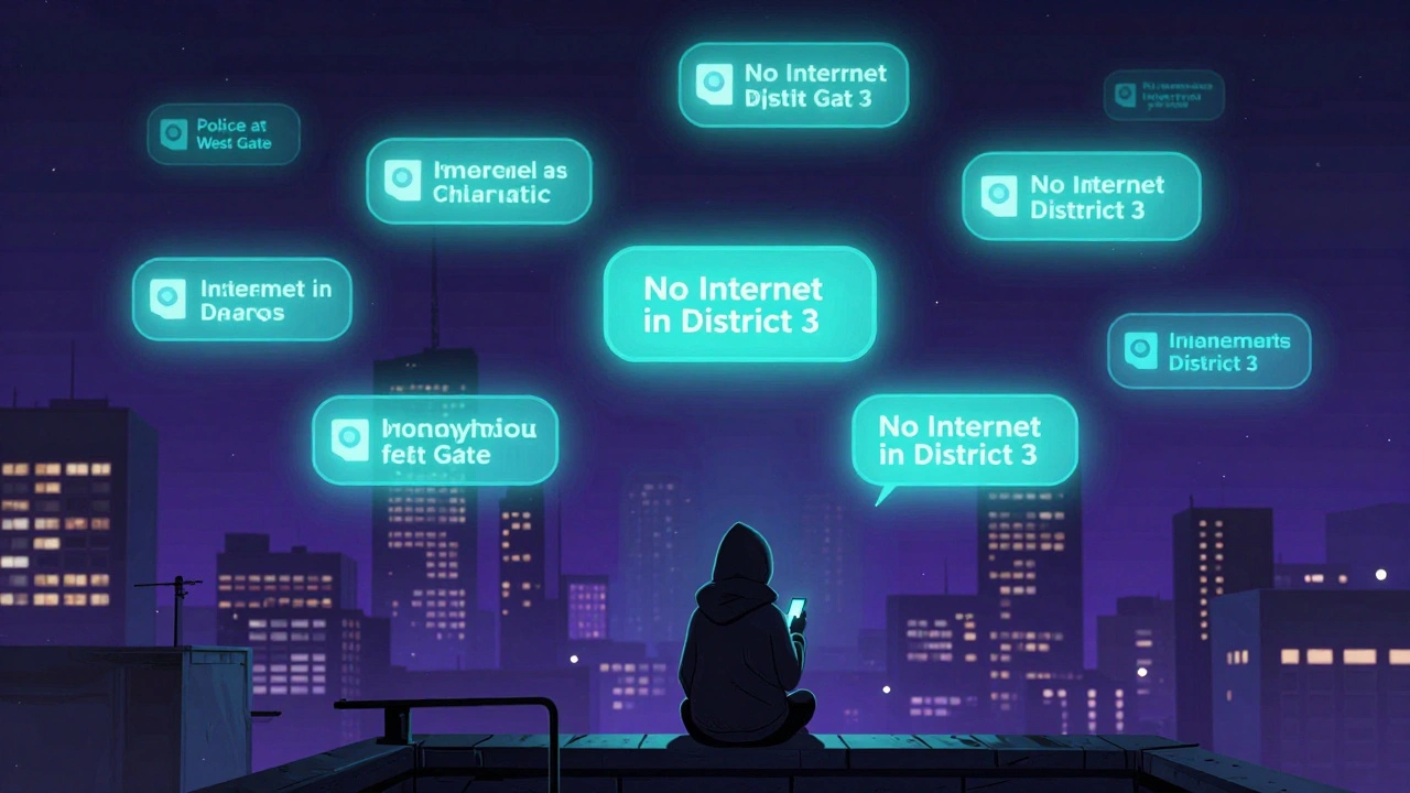 Glowing Telegram channel updates floating above a city at night as a lone subscriber watches from a rooftop.