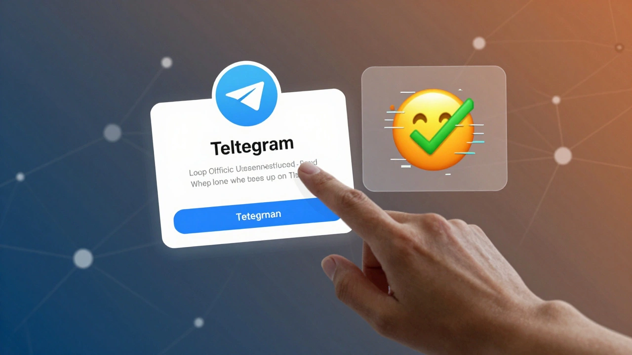 Hand long-pressing a Telegram profile as true verification details appear above a glitching fake emoji overlay.