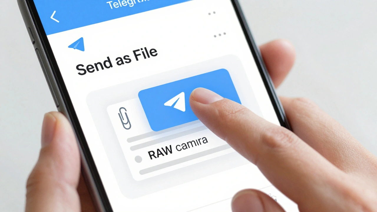 Hand selecting 'Send as File' on Telegram app to transmit an unaltered document, with data integrity highlighted.