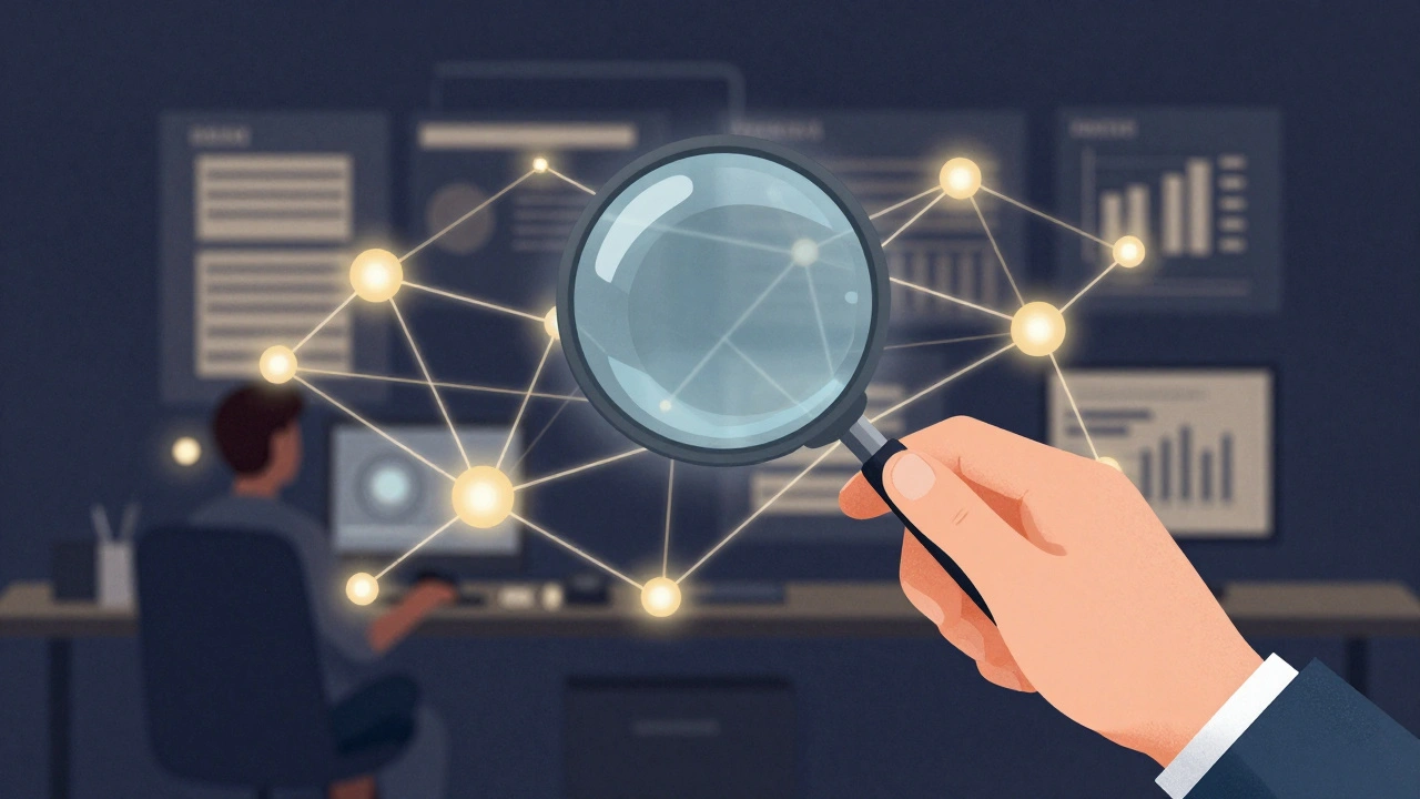 Hand with magnifying glass over dimming network connections representing engagement metrics.