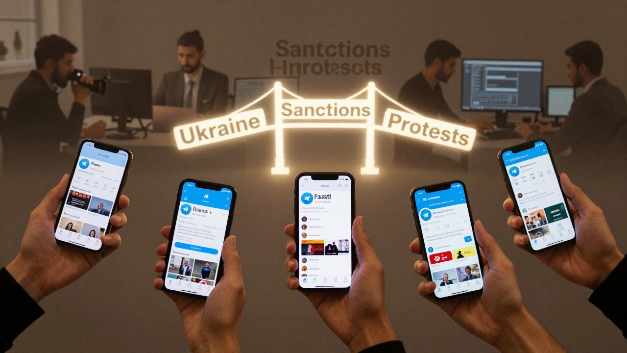 Hands from different continents holding phones showing Telegram news in local languages, with a glowing bridge of interconnected keywords above.