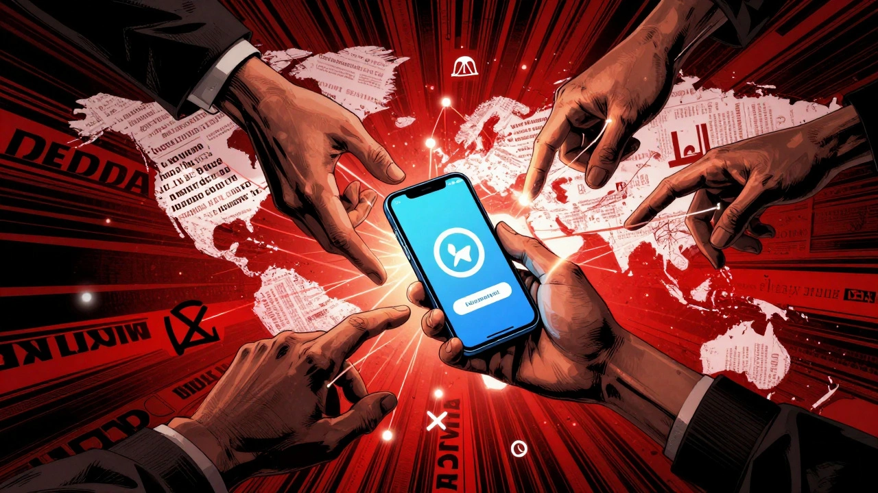 Hands from different countries pass a Telegram phone through digital threads, breaking censorship symbols.