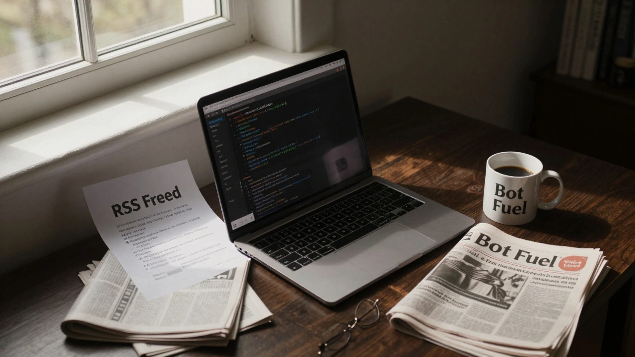 Home office at dawn with laptop running news bot code, RSS feed printed nearby, sunlight illuminating the scene.