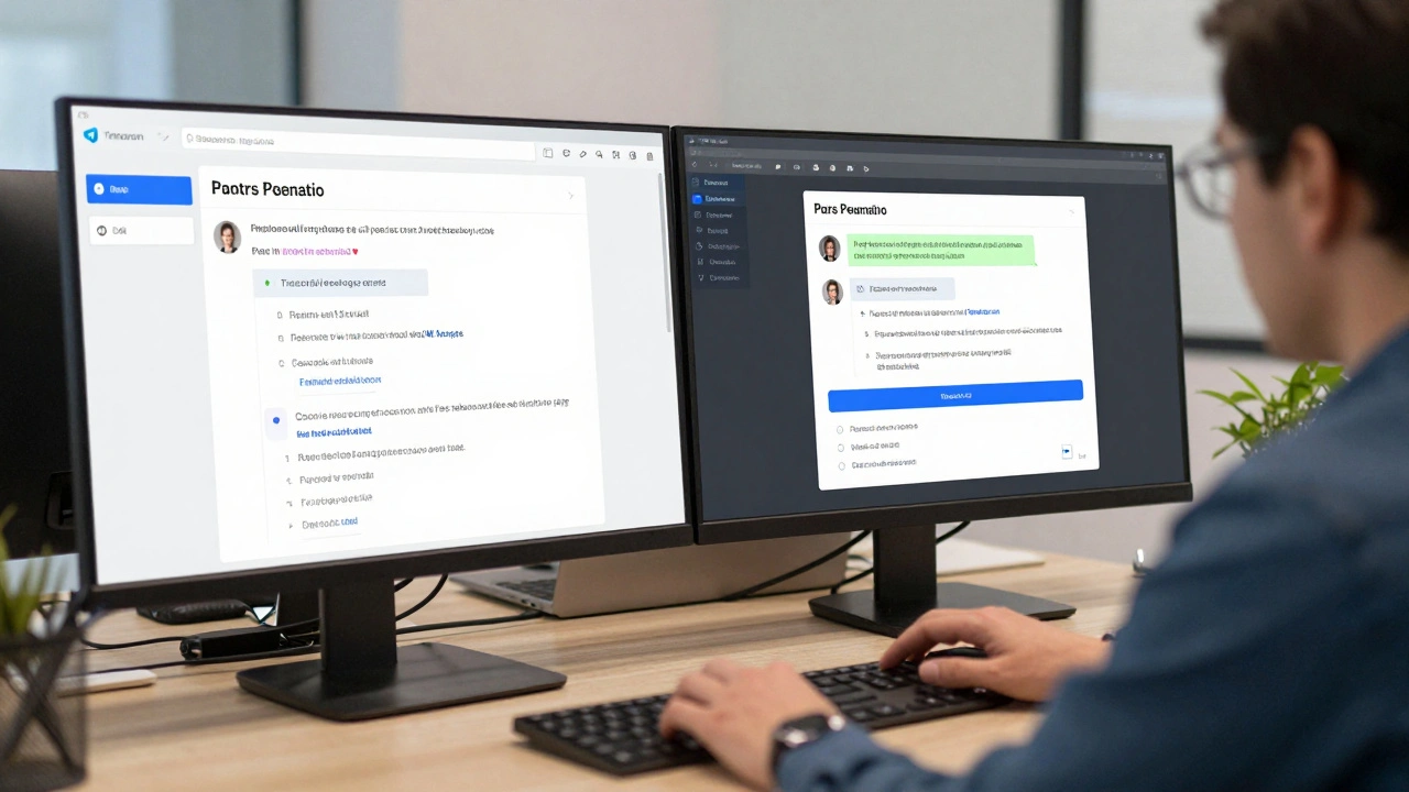 Journalist using combined Telegram community tools and news editorial workflow in modern office