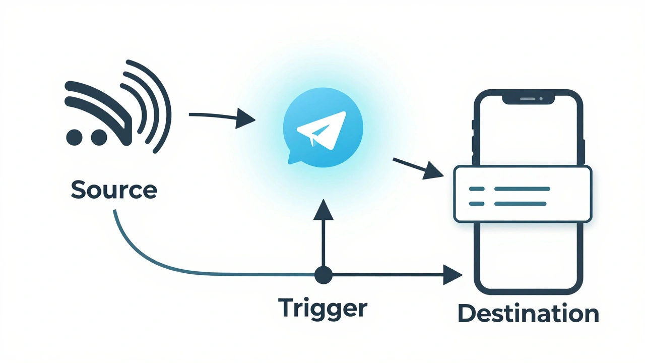 Minimalist line art illustrating the automation pipeline: RSS feed connecting to a Telegram bot, which sends messages to a device.