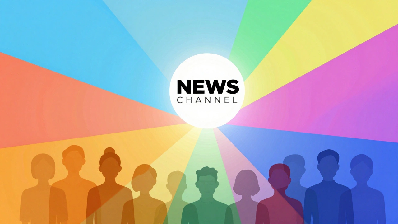 News channel logo sending personalized rays to segmented audience groups for retention.