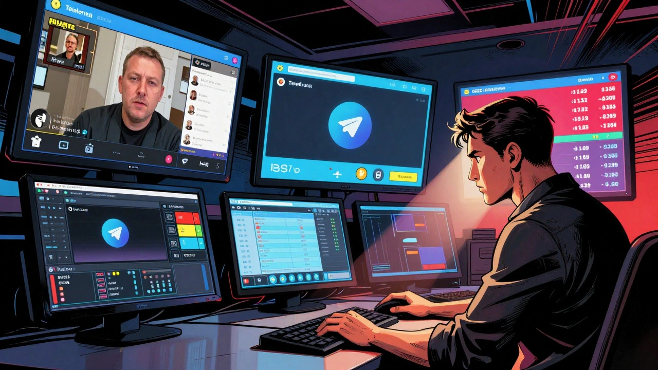 News operator managing multiple live streams and OBS software with real-time viewer data on screens.