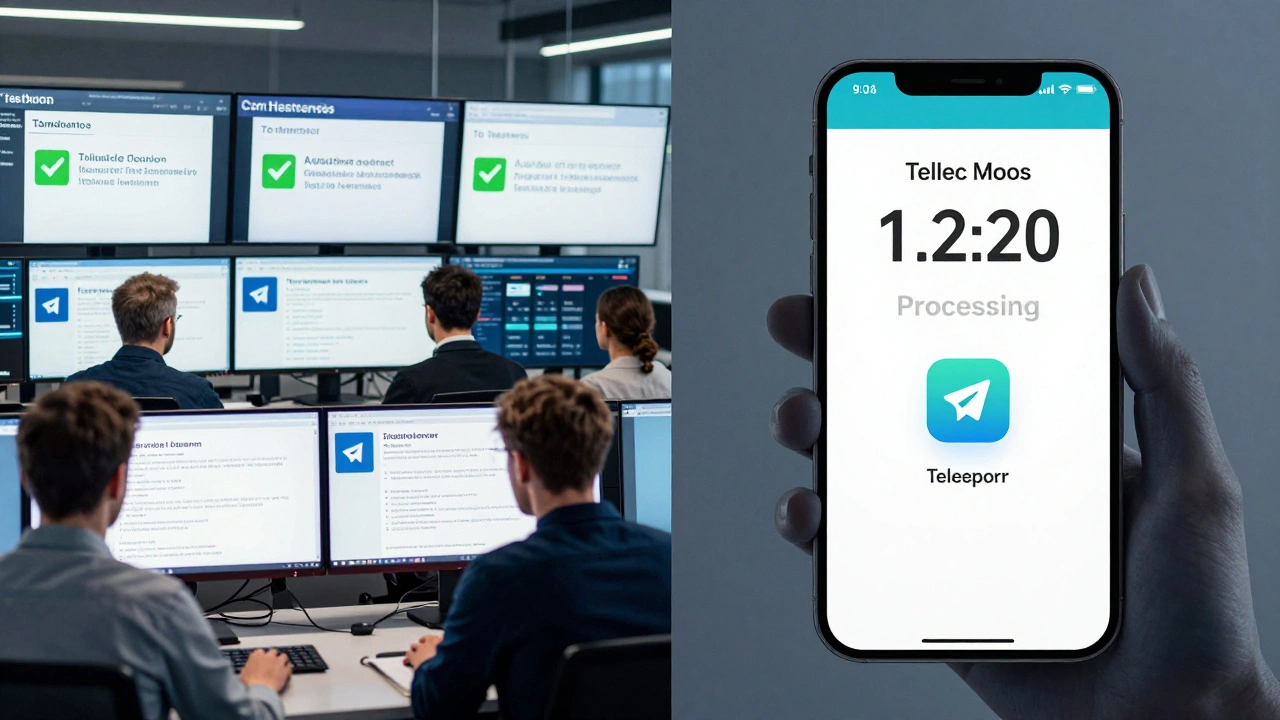 Newsroom editors reviewing Telegram AI summaries on monitors while reporter sends update from Kyiv.