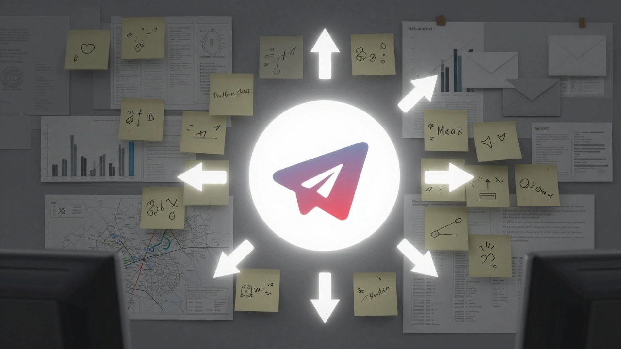 Newsroom wall with Telegram logo and growth arrows, surrounded by fading platform icons.