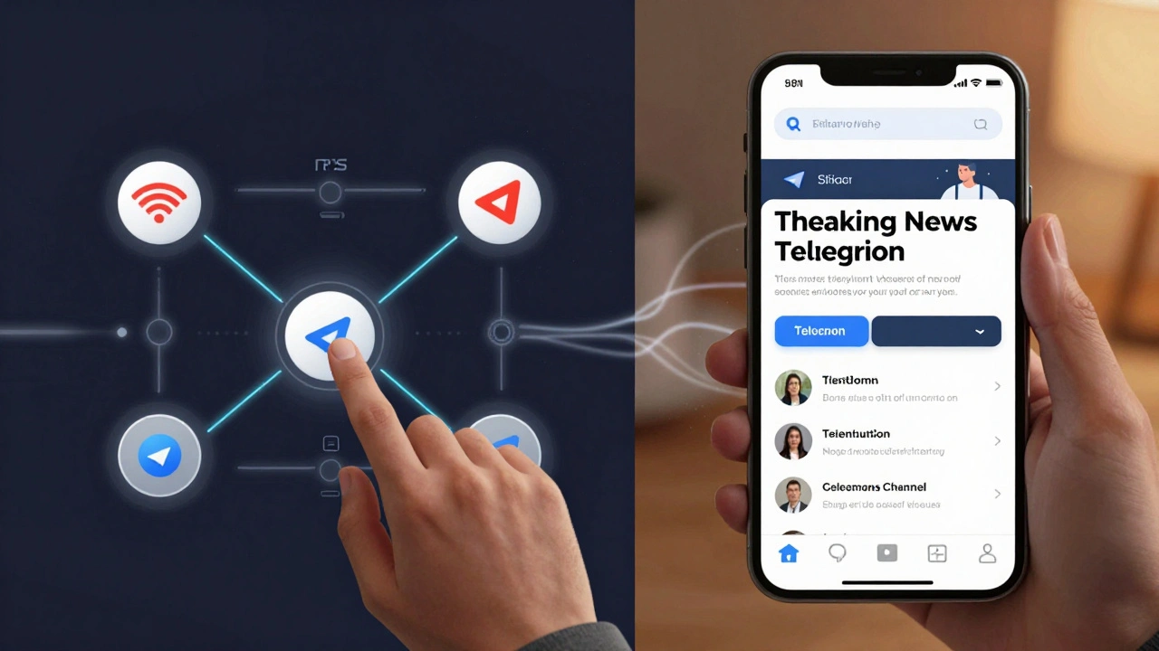 No-code workflow connecting RSS feed to Telegram bot on a laptop, with a smartphone showing a live news post.